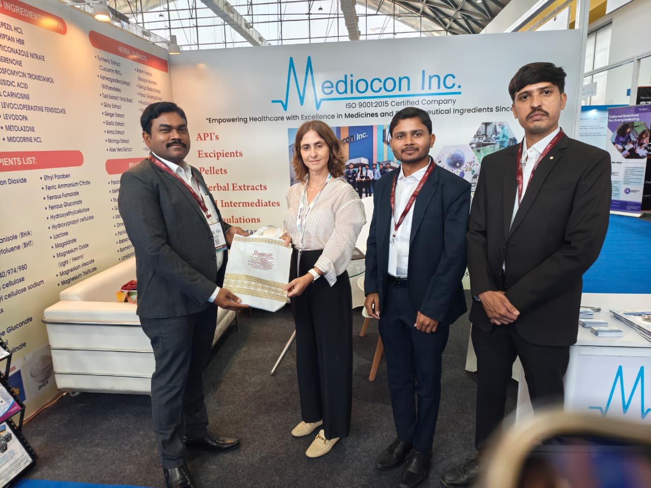 Mediocon Inc team with an international client at the India Pharma Expo 2026, Hyderabad