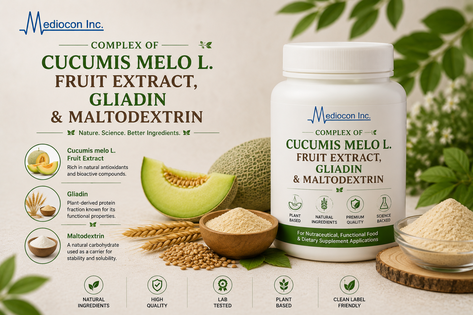 Complex of Cucumis melo L. Fruit Extract, Gliadin & Maltodextrin Manufacturer and Supplier in India — Mediocon Inc