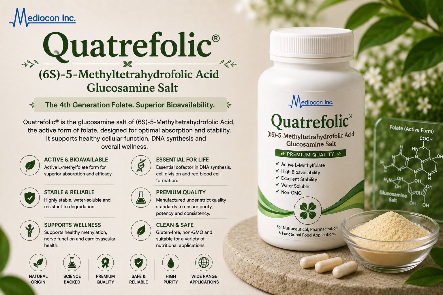 Quatrefolic® (6S)-5-Methyltetrahydrofolic Acid Glucosamine Salt Manufacturer and Supplier in India | Mediocon Inc. — Mediocon Inc