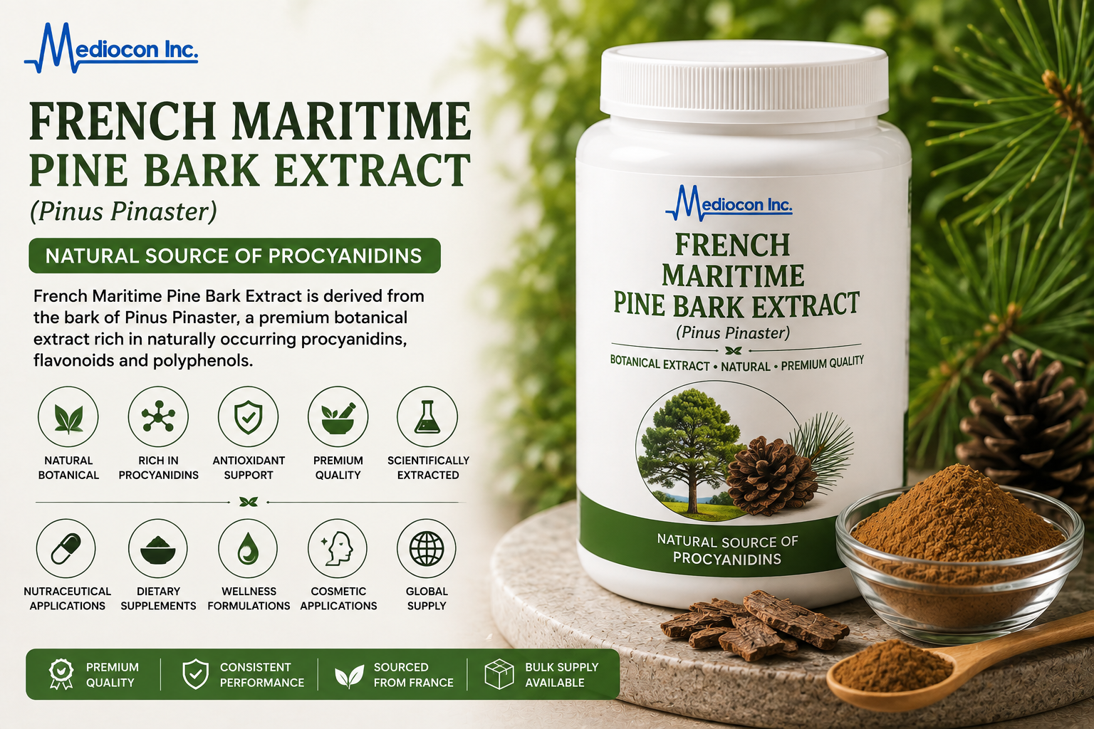 French Maritime Pine Bark Extract Manufacturer and Supplier in India — Mediocon Inc