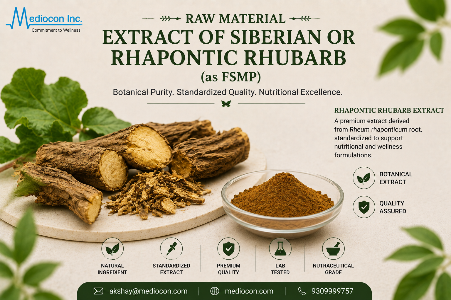Extract of Siberian or Rhapontic Rhubarb (as FSMP) Manufacturer & Supplier in India | MEDIOCON INC — Mediocon Inc