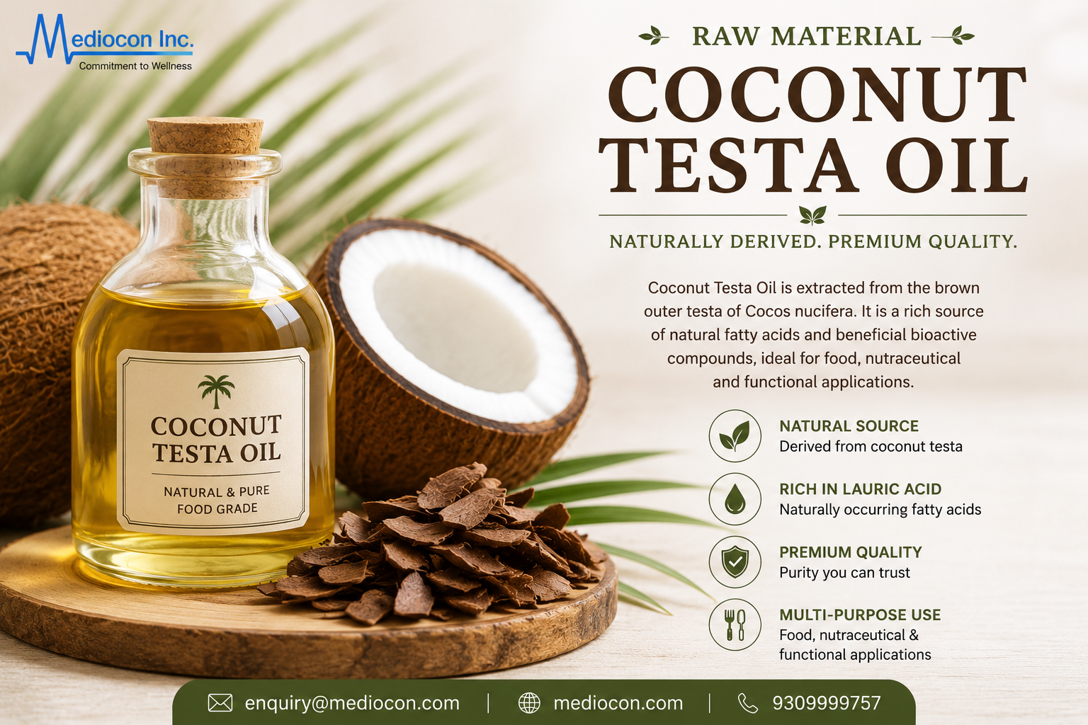 Coconut Testa Oil Manufacturer & Supplier in India | MEDIOCON INC — Mediocon Inc