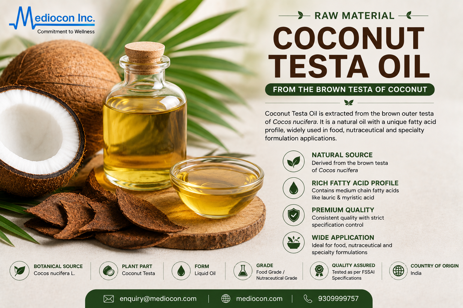 Coconut Testa Oil Manufacturer & Supplier in India | MEDIOCON INC — Mediocon Inc