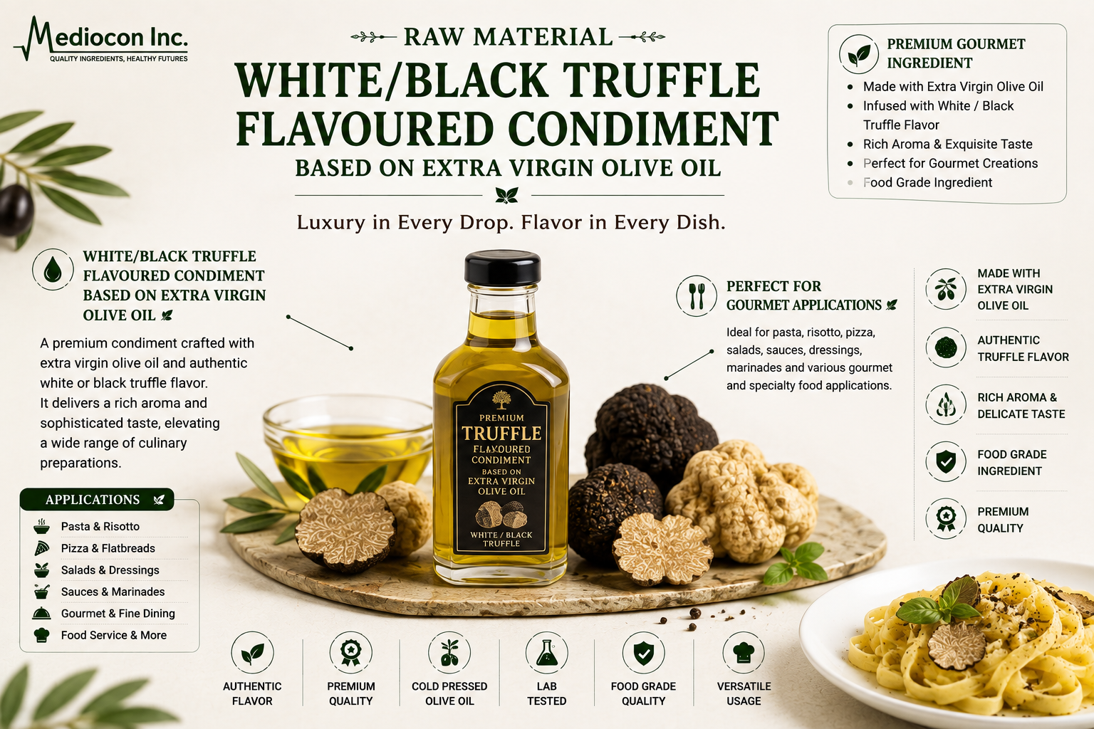 White/Black Truffle Flavoured Condiment Based on Extra Virgin Olive Oil Manufacturer and Supplier in India | Mediocon INC — Mediocon Inc