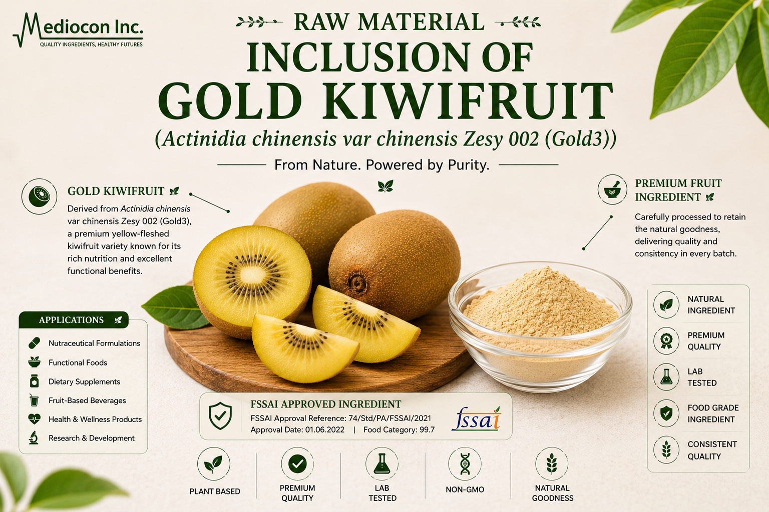 Inclusion of Gold Kiwifruit (Actinidia chinensis var. chinensis Zesy 002 (Gold3)) Manufacturer and Supplier in India | Mediocon INC — Mediocon Inc