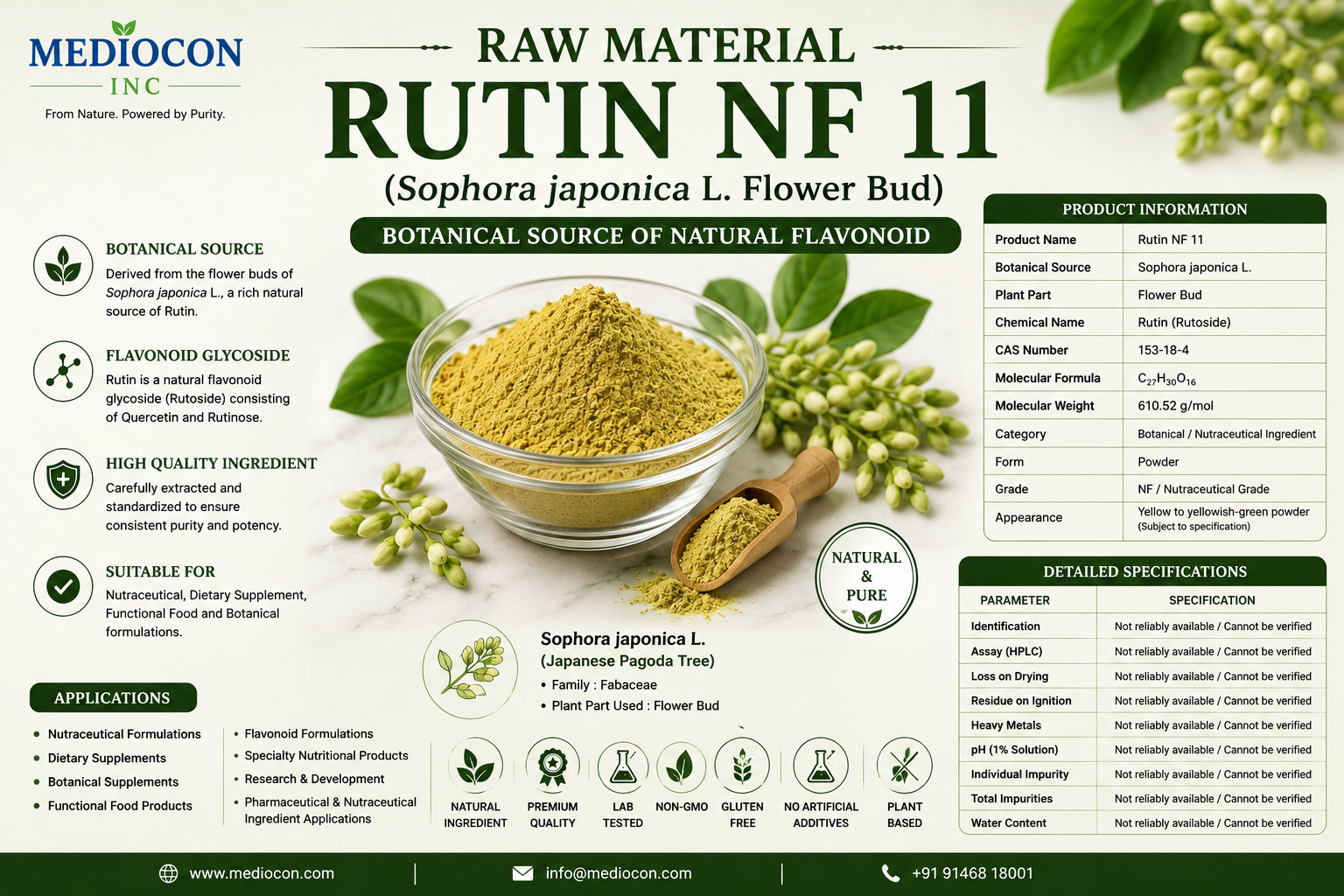 Rutin NF 11 (Sophora japonica L. Flower Bud) Manufacturer and Supplier in India | Mediocon INC — Mediocon Inc
