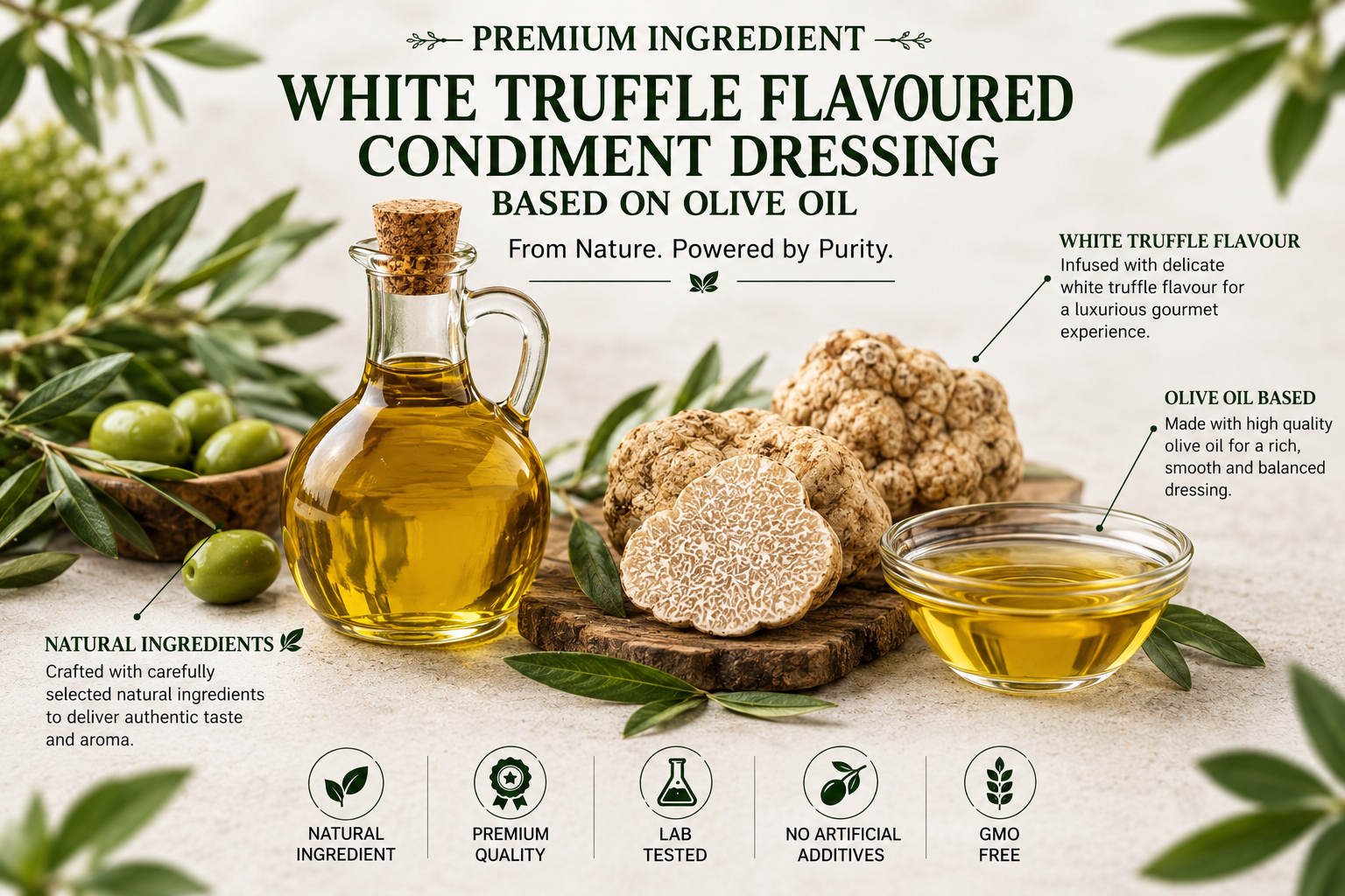 White Truffle Flavoured Condiment Dressing Based on Olive Oil Manufacturer and Supplier in India | Mediocon INC — Mediocon Inc