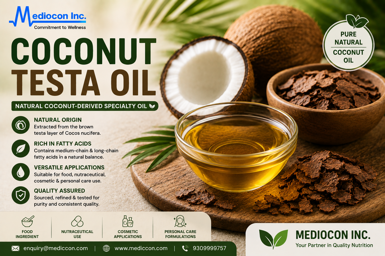 Coconut Testa Oil Manufacturer & Supplier in India | MEDIOCON INC — Mediocon Inc