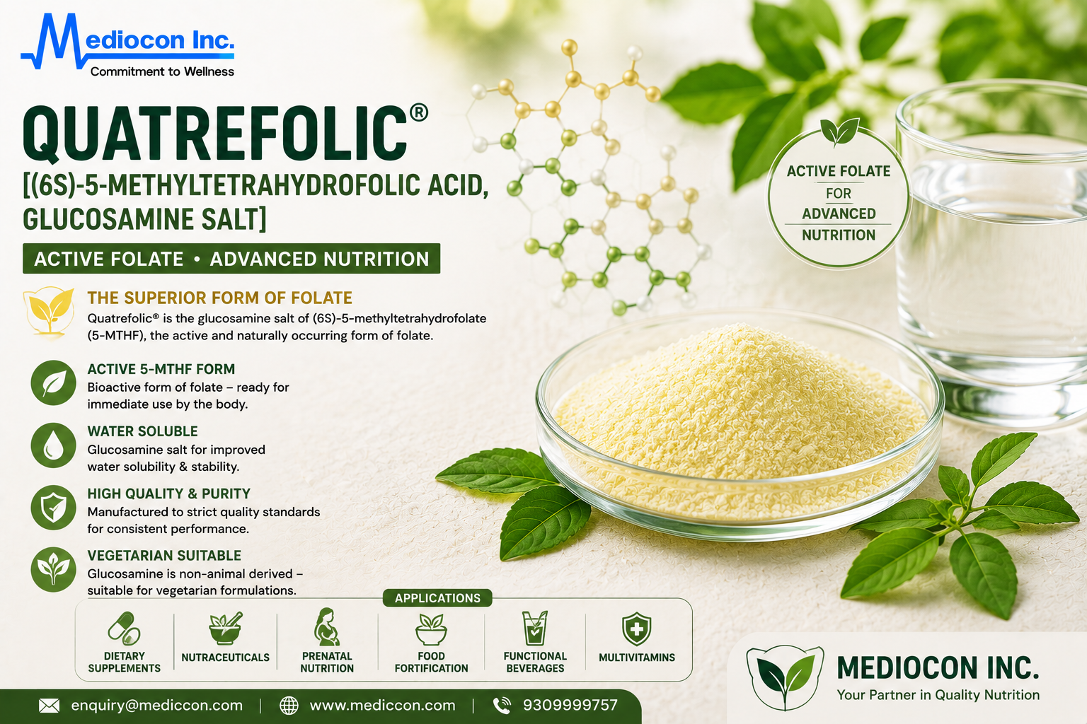 Quatrefolic® 5-MTHF Glucosamine Salt Manufacturer & Supplier in India | MEDIOCON INC — Mediocon Inc