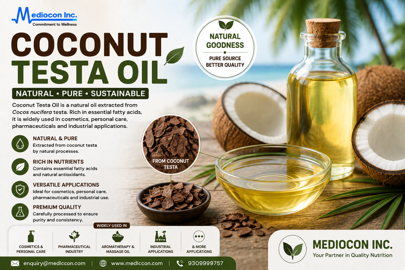 Coconut Testa Oil Manufacturer & Supplier in India | MEDIOCON INC — Mediocon Inc