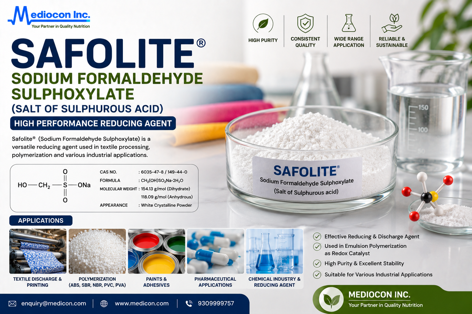 Safolite® – Sodium Formaldehyde Sulphoxylate Manufacturer & Supplier in India | MEDIOCON INC — Mediocon Inc