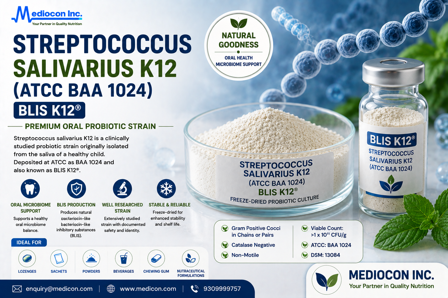 Streptococcus salivarius K12 ATCC BAA-1024 Manufacturer & Supplier in India | MEDIOCON INC — Mediocon Inc