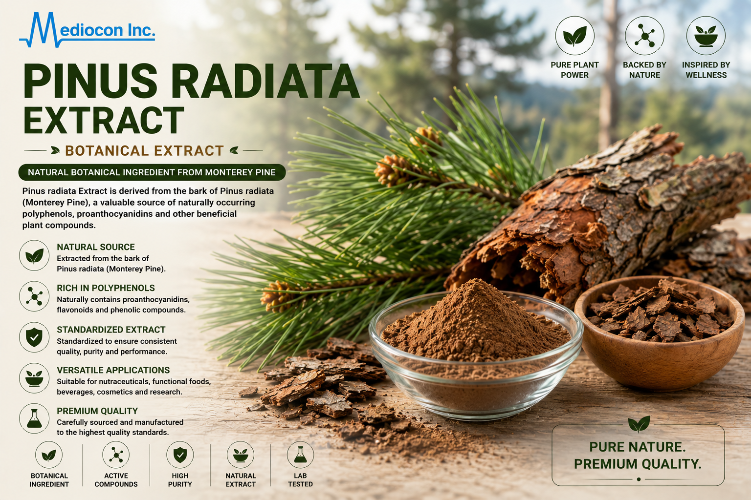 Pinus radiata Extract Manufacturer & Supplier in India | MEDIOCON INC — Mediocon Inc