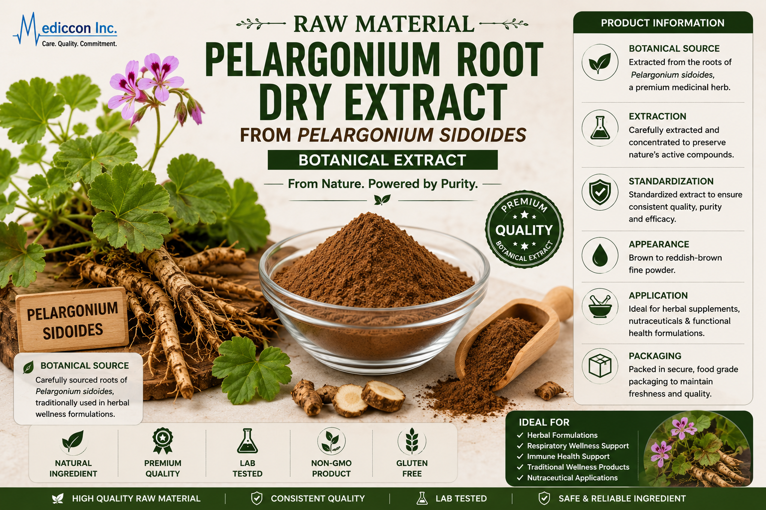 Pelargonium Root Dry Extract from Pelargonium sidoides Manufacturer & Supplier in India | MEDIOCON INC — Mediocon Inc