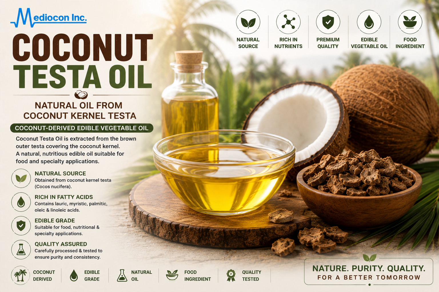 Coconut Testa Oil Manufacturer & Supplier in India | MEDIOCON INC — Mediocon Inc