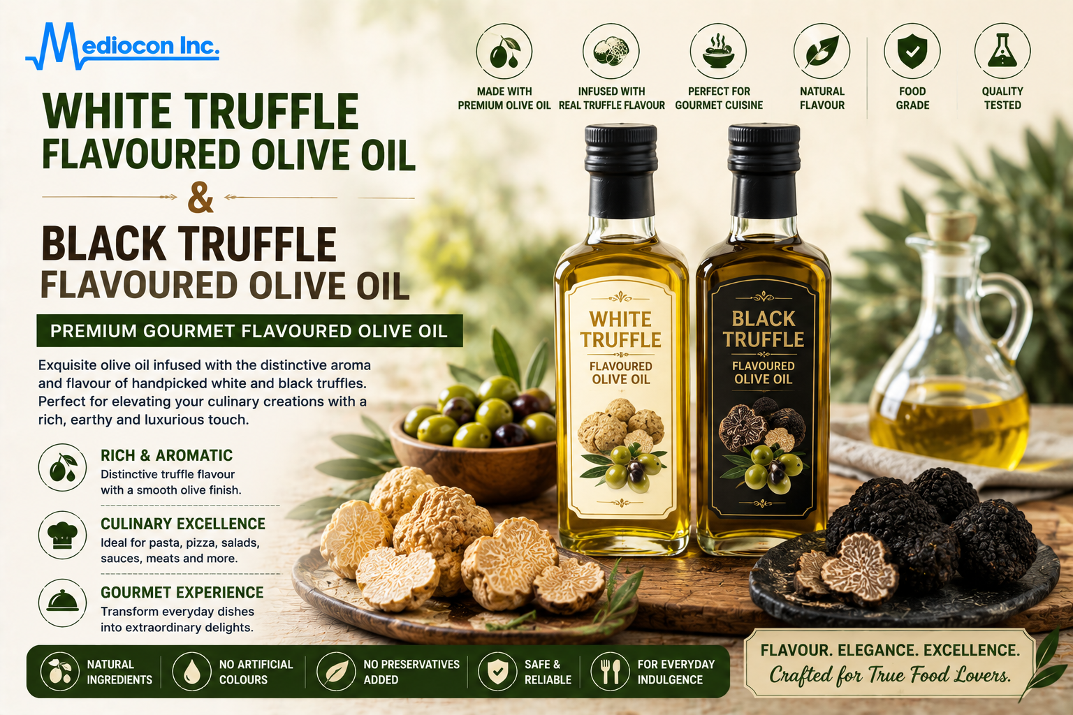 White Truffle Flavoured Olive Oil and Black Truffle Flavoured Olive Oil Manufacturer & Supplier in India | MEDIOCON INC — Mediocon Inc