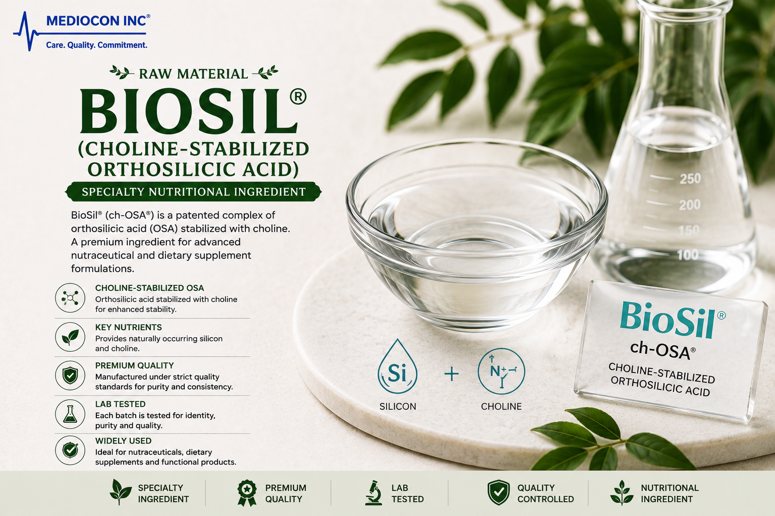 BioSil (Choline-Stabilized Orthosilicic Acid) Manufacturer & Supplier in India | MEDIOCON INC — Mediocon Inc