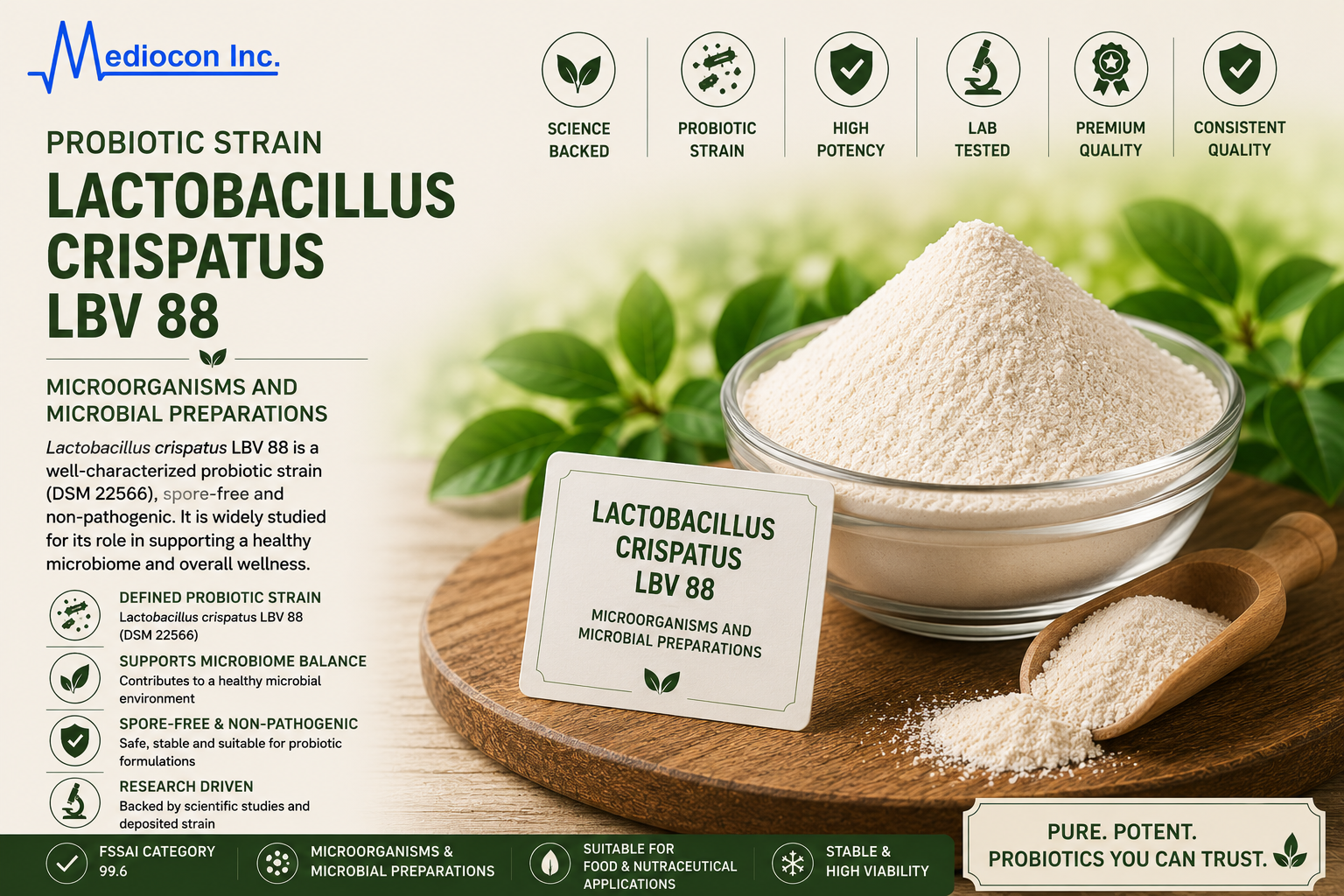 Probiotic Strain Lactobacillus crispatus LBV 88 Manufacturer & Supplier in India | MEDIOCON INC — Mediocon Inc