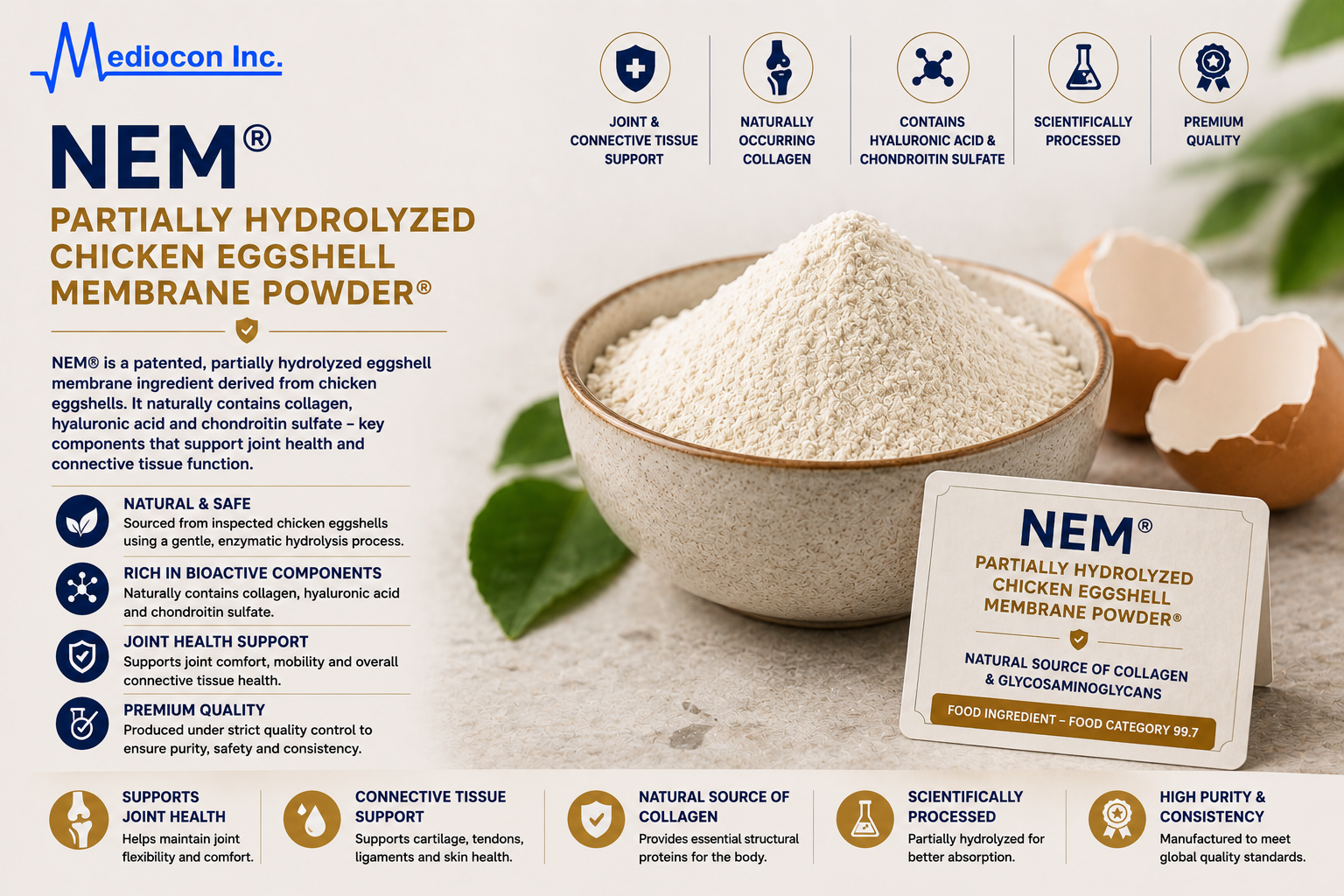 NEM® Partially Hydrolyzed Chicken Eggshell Membrane Powder Manufacturer & Supplier in India | MEDIOCON INC — Mediocon Inc