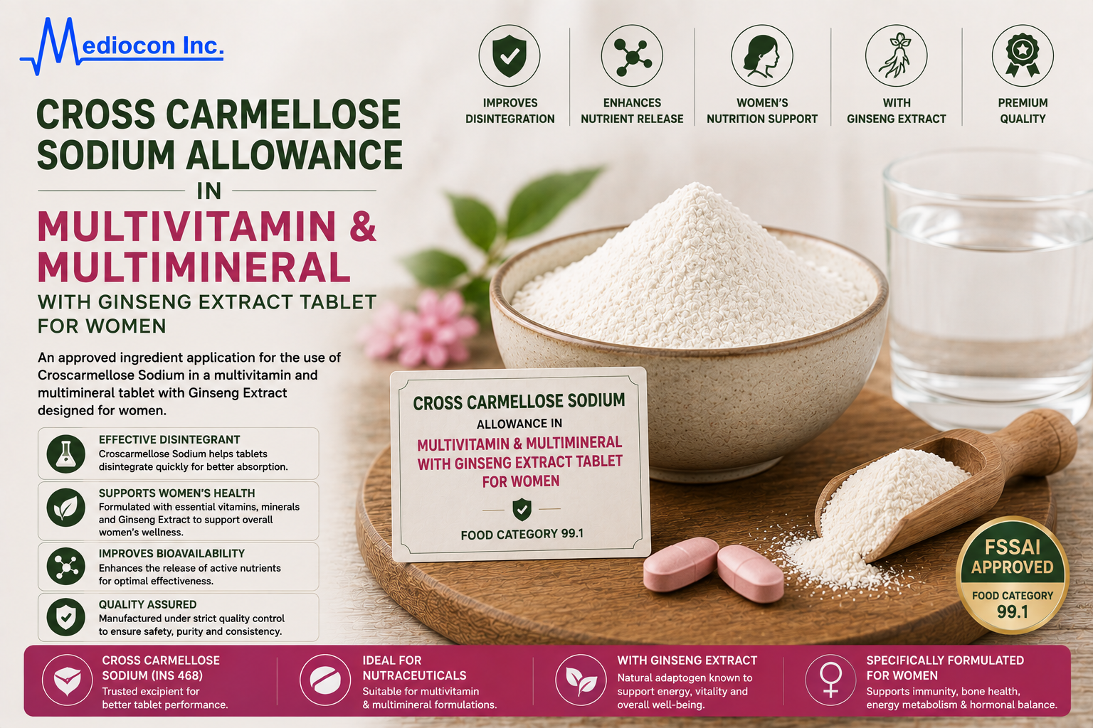 Cross Carmellose Sodium Allowance in Multivitamin and Multimineral with Ginseng Extract Tablet for Women Manufacturer & Supplier in India | MEDIOCON INC — Mediocon Inc