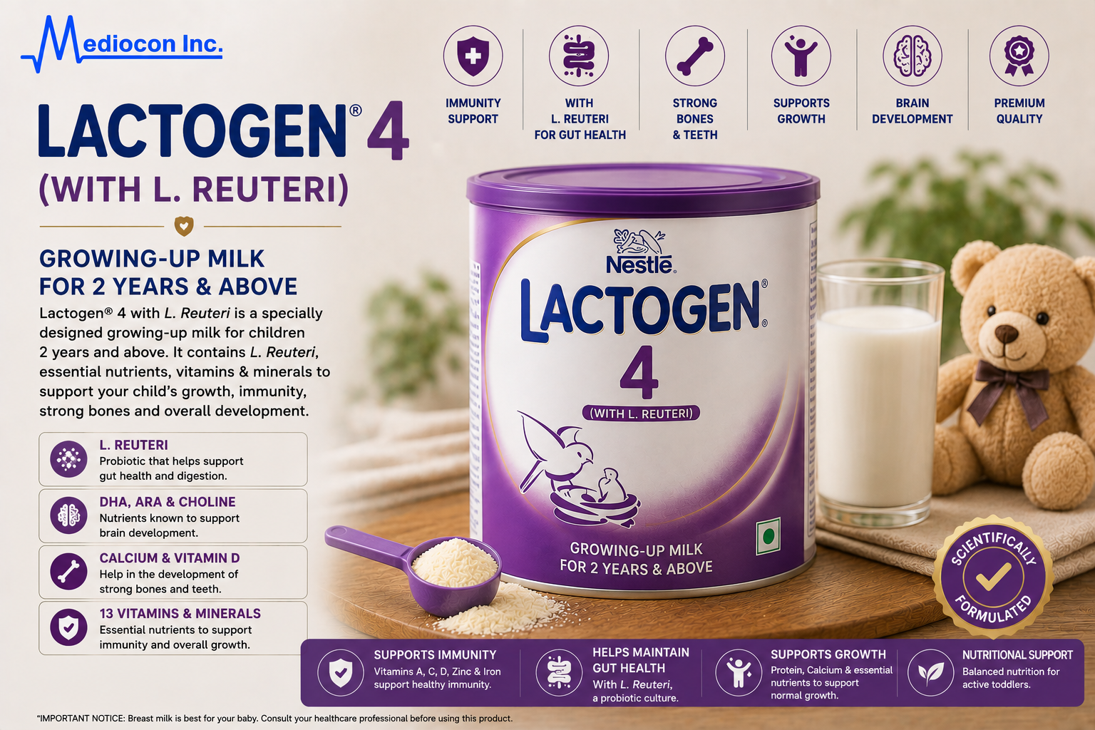Lactogen 4 with L. Reuteri Manufacturer & Supplier in India | MEDIOCON INC — Mediocon Inc