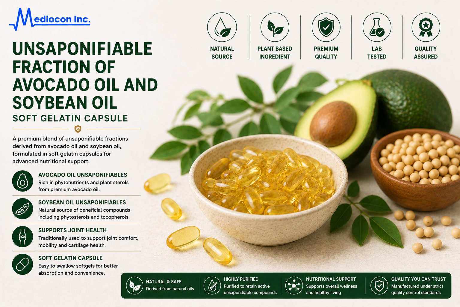 Unsaponifiable Fraction of Avocado Oil and Soybean Oil Soft Gelatin Capsule Manufacturer & Supplier in India | MEDIOCON INC — Mediocon Inc