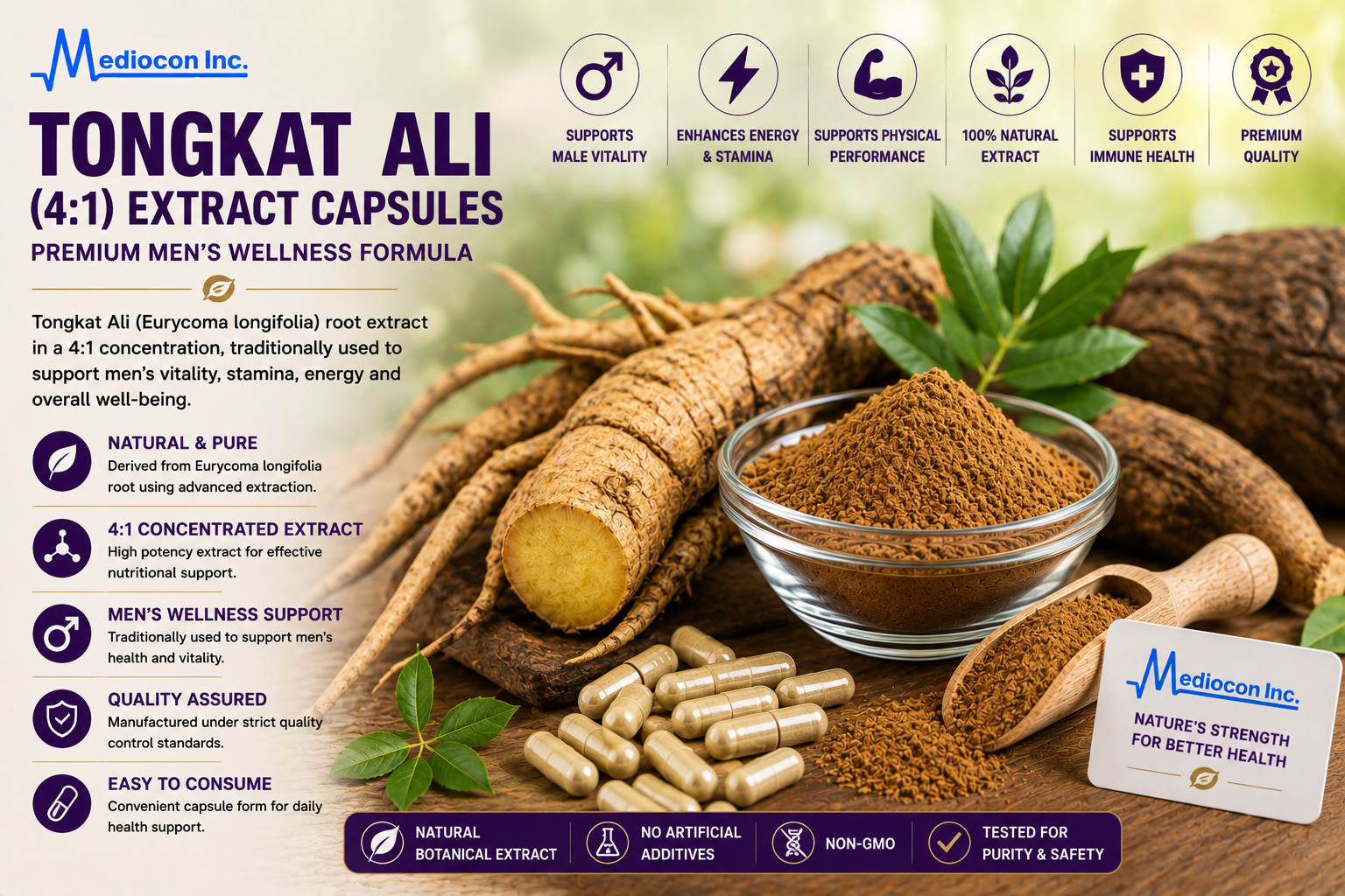 Tongkat Ali (4:1) Extract Capsules Manufacturer & Supplier in India | MEDIOCON INC — Mediocon Inc