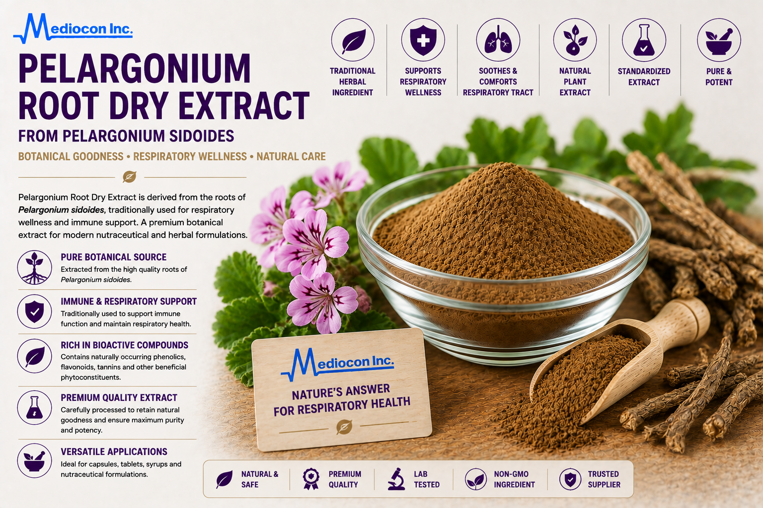Pelargonium Root Dry Extract Manufacturer & Supplier in India | MEDIOCON INC — Mediocon Inc