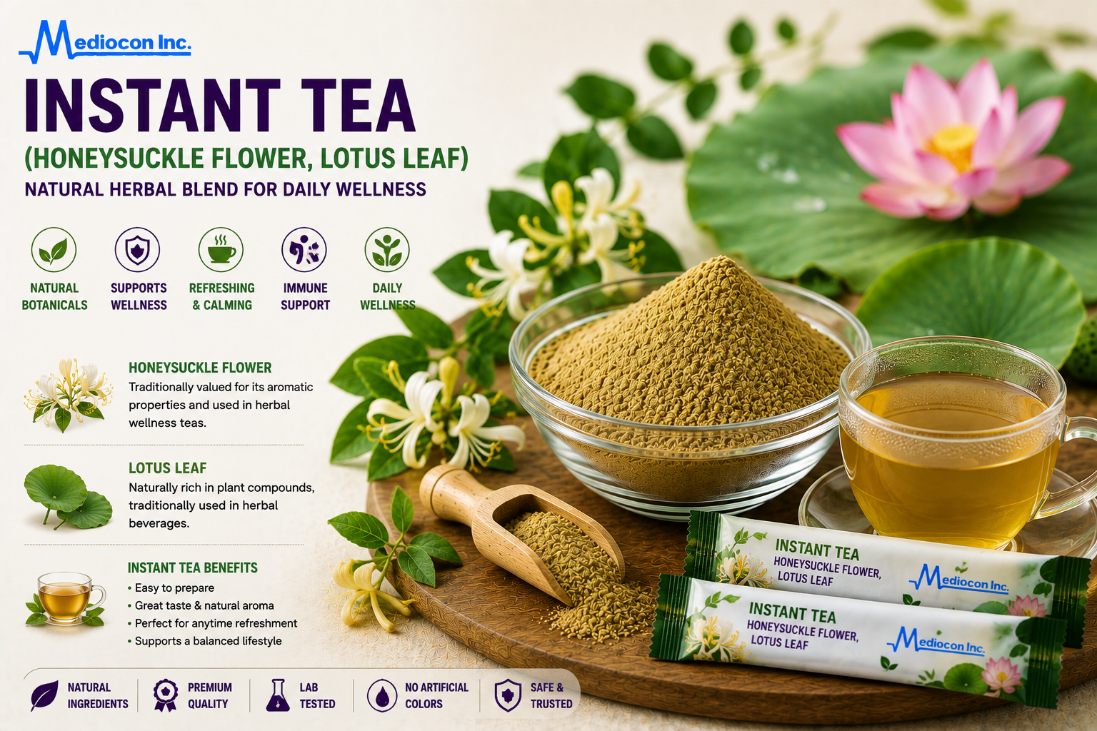 Instant Tea (Honeysuckle Flower, Lotus Leaf) Manufacturer & Supplier in India | MEDIOCON INC — Mediocon Inc