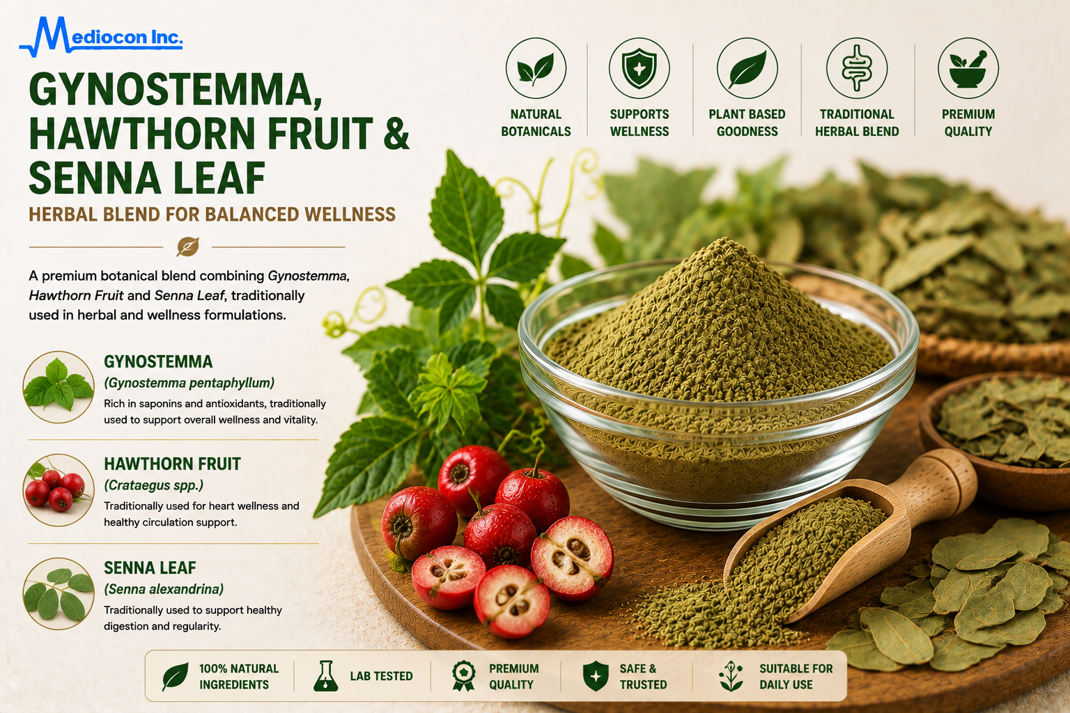 Gynostemma, Hawthorn Fruit & Senna Leaf Manufacturer & Supplier in India | MEDIOCON INC — Mediocon Inc