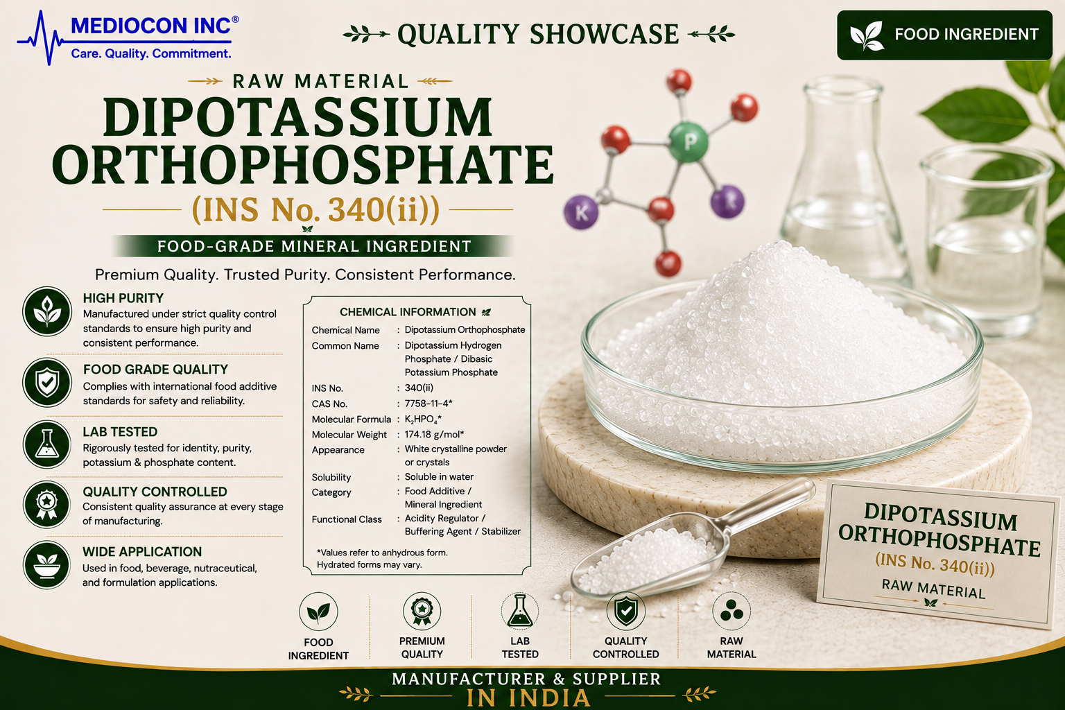 Dipotassium Orthophosphate (INS No. 340(ii)) Manufacturer & Supplier in India | MEDIOCON INC — Mediocon Inc