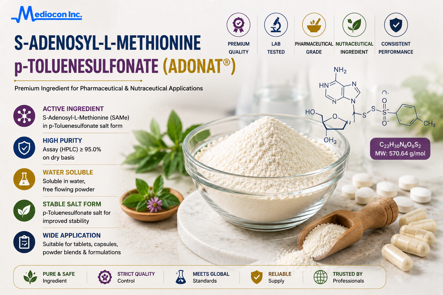 S-Adenosyl-L-Methionine p-Toluenesulfonate (Adonat®) Manufacturer & Supplier in India | MEDIOCON INC — Mediocon Inc