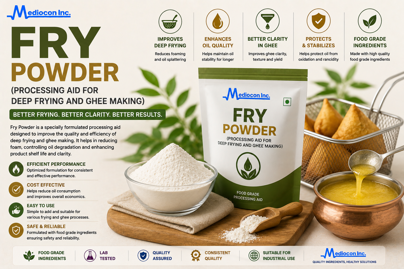 Fry Powder (Processing Aid for Deep Frying and Ghee Making) Manufacturer & Supplier in India | MEDIOCON INC — Mediocon Inc