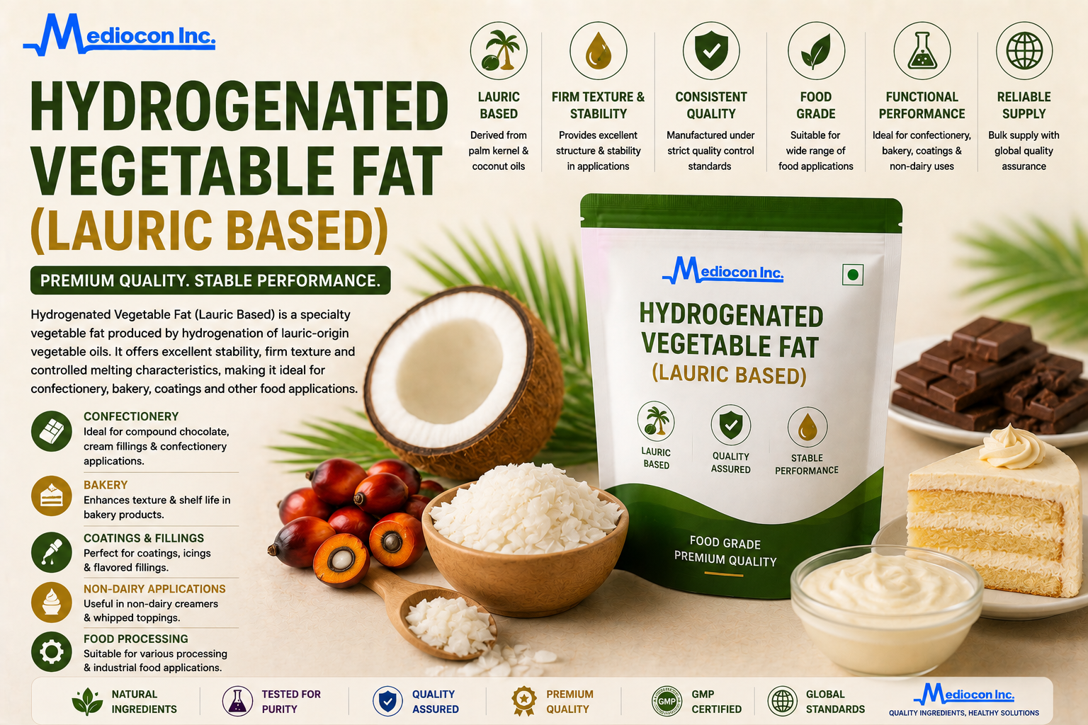 Hydrogenated Vegetable Fat (Lauric Based) Manufacturer & Supplier in India | MEDIOCON INC — Mediocon Inc