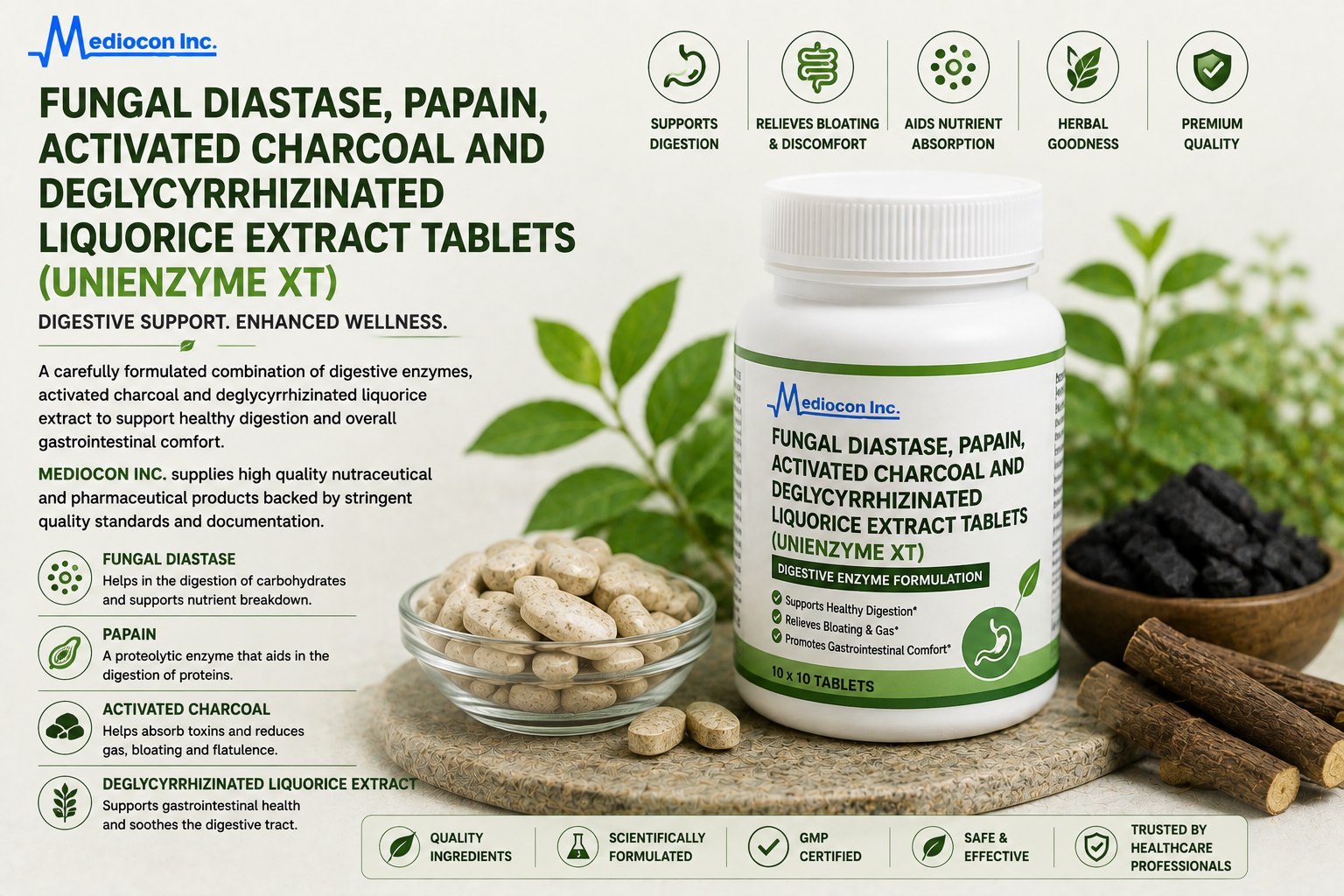Fungal Diastase, Papain, Activated Charcoal and Deglycyrrhizinated Liquorice Extract Tablets Manufacturer and Supplier in India | MEDIOCON INC — Mediocon Inc