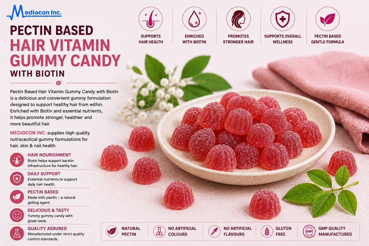 Pectin Based Hair Vitamin Gummy Candy with Biotin Manufacturer and Supplier in India | MEDIOCON INC — Mediocon Inc