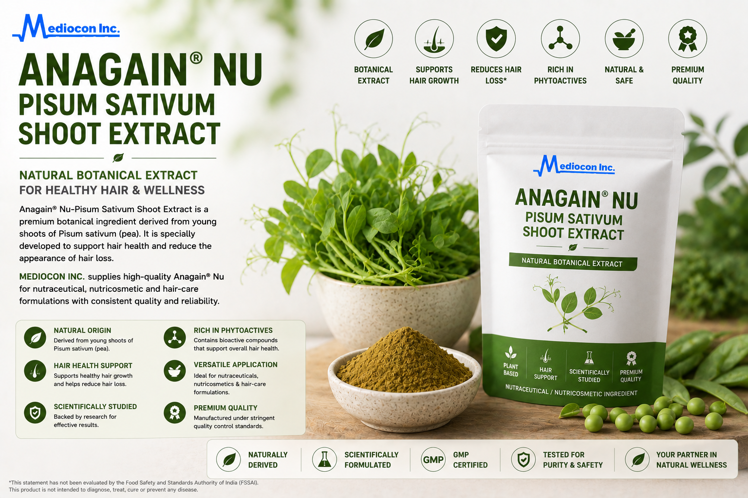 Anagain® Nu-Pisum Sativum Shoot Extract Manufacturer and Supplier in India | MEDIOCON INC — Mediocon Inc