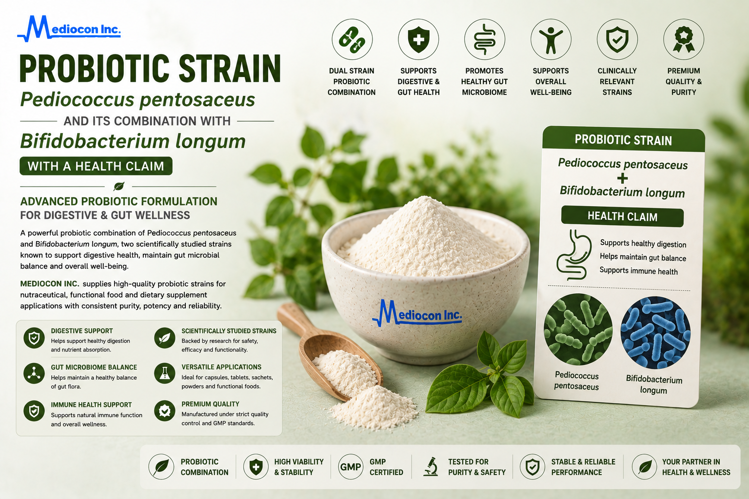 Probiotic Strain (Pediococcus pentosaceus & Bifidobacterium longum) Manufacturer and Supplier in India | MEDIOCON INC — Mediocon Inc