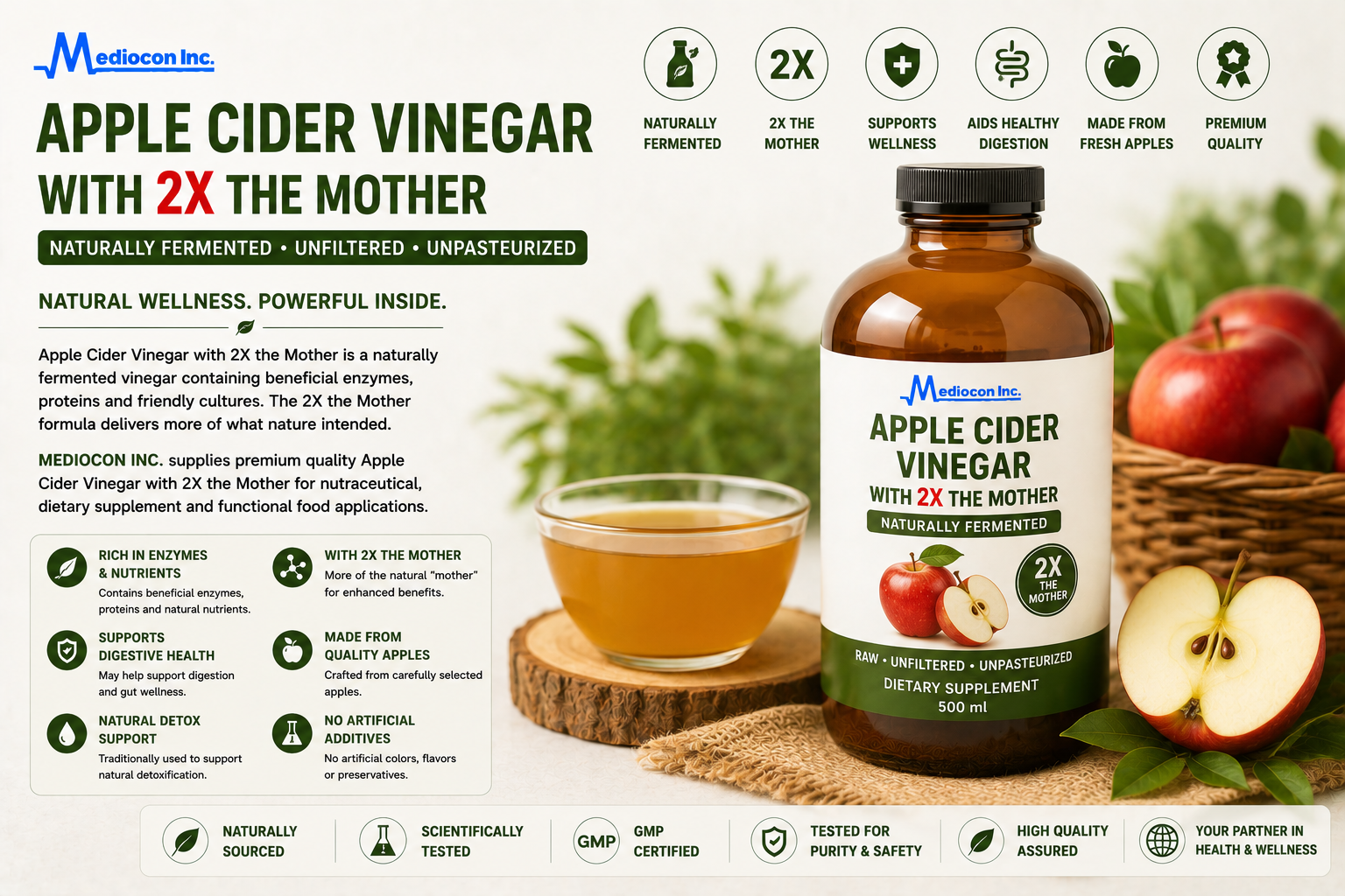 Apple Cider Vinegar with 2X the Mother Manufacturer and Supplier in India | MEDIOCON INC — Mediocon Inc