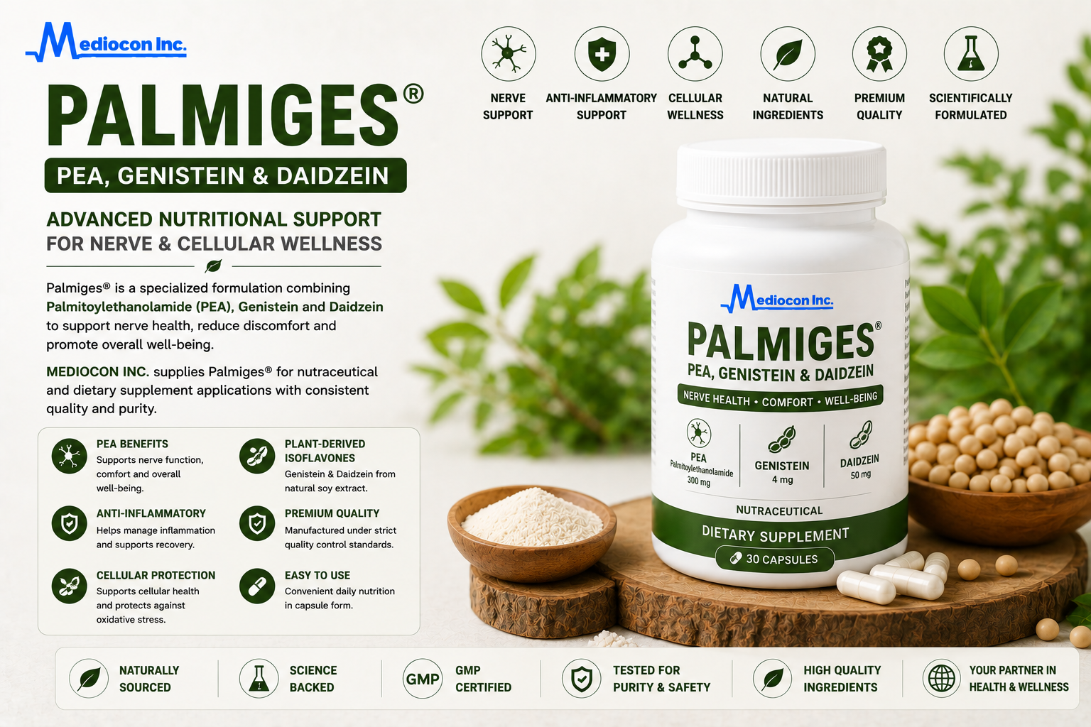 Palmiges® (PEA, Genistein & Daidzein) Manufacturer and Supplier in India | MEDIOCON INC — Mediocon Inc