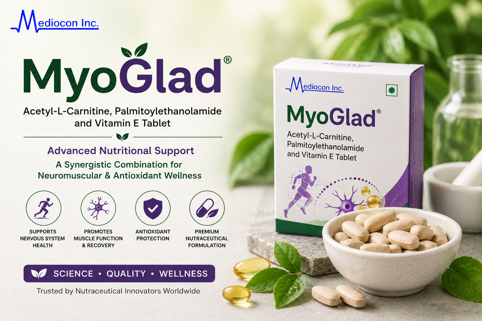 MyoGlad Acetyl-L-Carnitine Palmitoylethanolamide Vitamin E Tablet Manufacturer and Supplier in India | MEDIOCON INC — Mediocon Inc