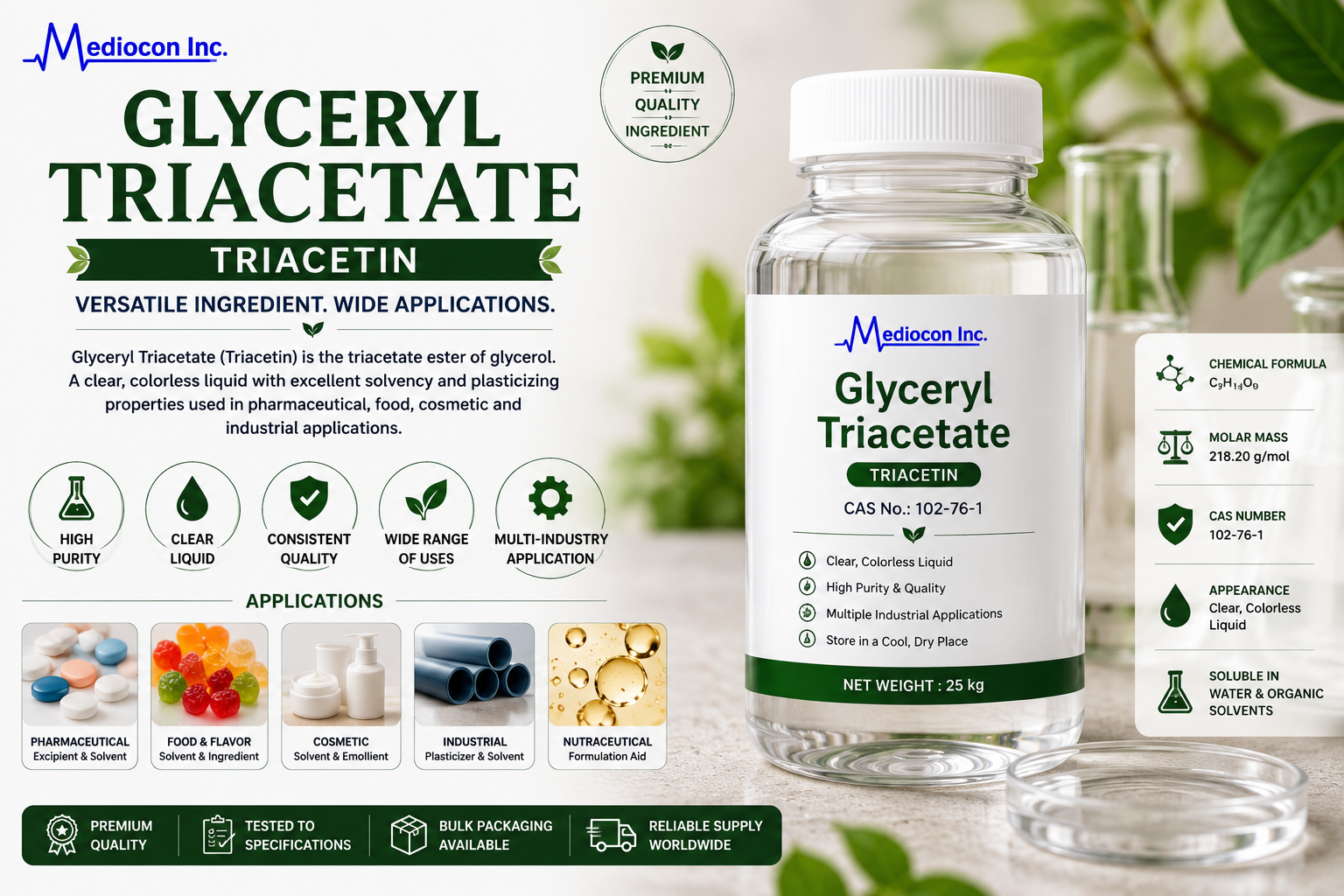 Glyceryl Triacetate (Triacetin) Manufacturer and Supplier in India | MEDIOCON INC — Mediocon Inc