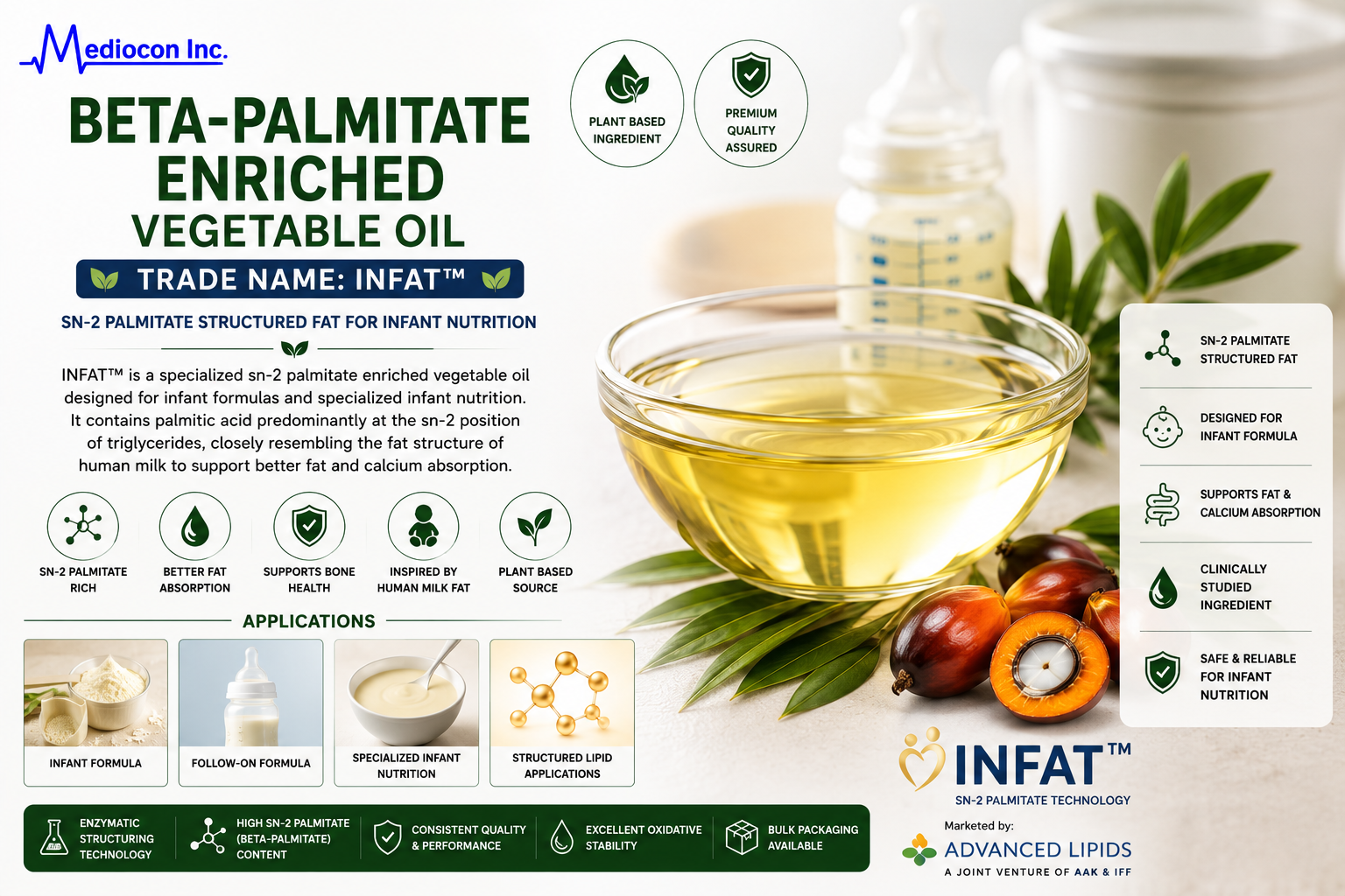 Beta-Palmitate Enriched Vegetable Oil INFAT™ Manufacturer and Supplier in India | MEDIOCON INC — Mediocon Inc