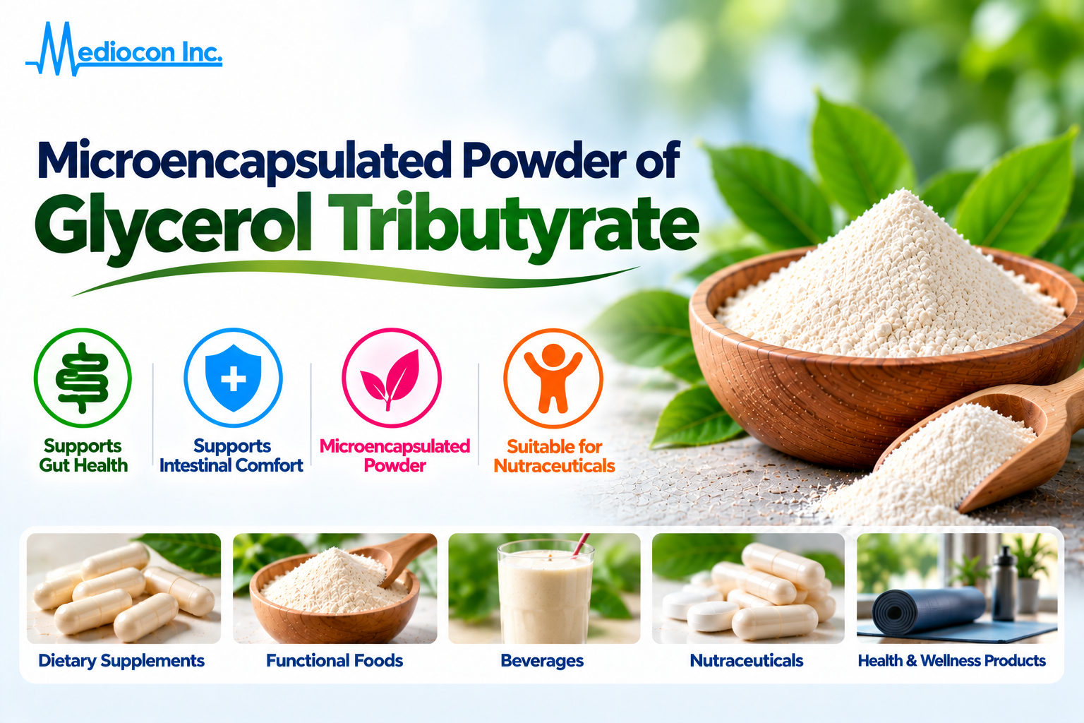Microencapsulated Powder of Glycerol Tributyrate – Manufacturer | Mediocon Inc. — Mediocon Inc