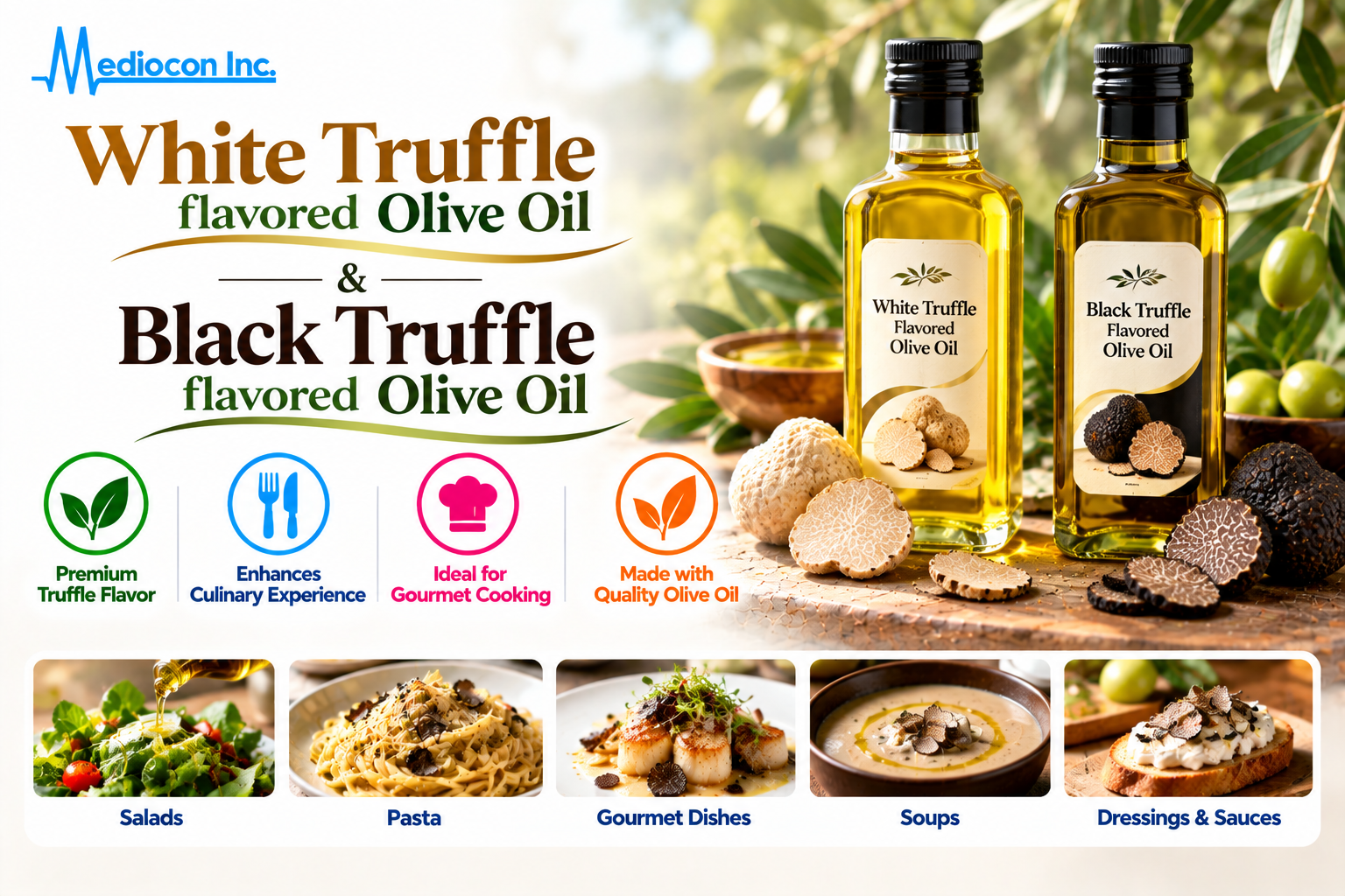 White and Black Truffle Flavoured Olive Oil | Mediocon Inc. — Mediocon Inc